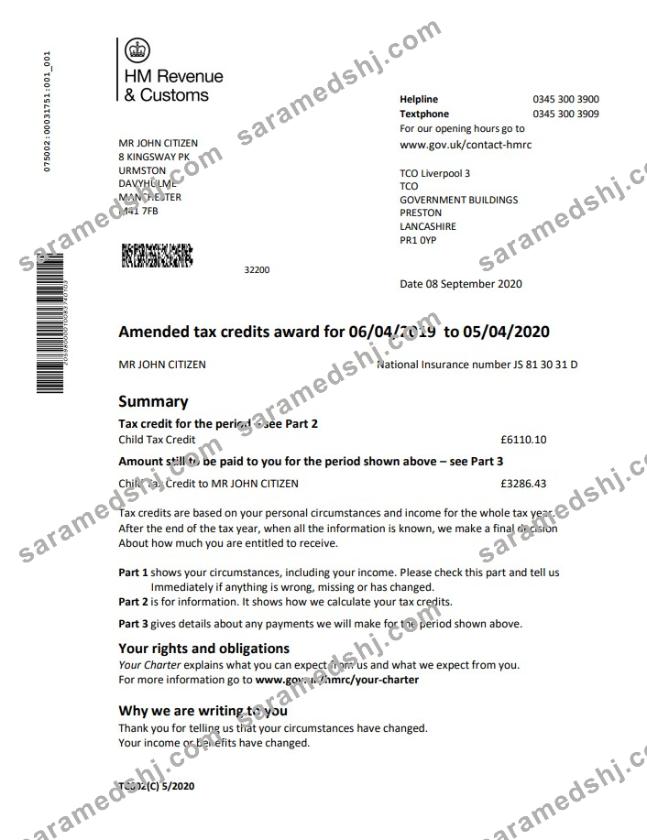 United Kingdom HM Revenue & Customs tax credits award statement template in Word and PDF format (.doc and .pdf)